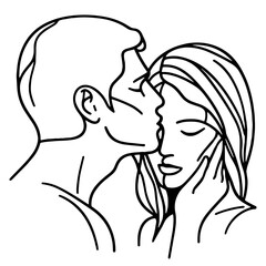 Minimalistic line art illustration of a couple sharing a forehead kiss, symbolizing love and affection