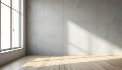 Modern Minimalist Room with Natural Light – Concrete Walls and Wooden Flooring – Perfect for Interior Design or Architectural Visualization