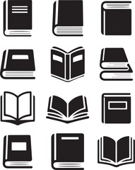Collection of Simple Black and White Book Silhouette Icons.
