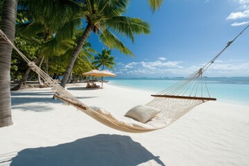 A beach hammock rests on the sand, complete with a cozy pillow for relaxation.