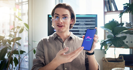 Phone screen, business man and video call presentation for software proposal, app and funding....