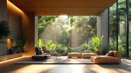 Fototapeta premium Serene Living Room with Lush Garden View