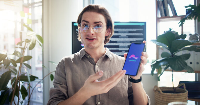 Phone screen, business man and video call presentation for software proposal, app and funding. Mobile, online meeting and webinar in portrait with ux developer to pitch creative startup idea in POV