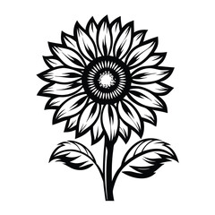 Detailed Sunflower Outline Black and White Floral Art with Stem and Leaves