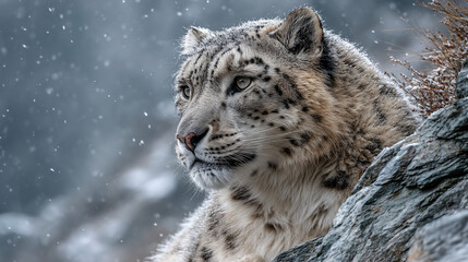 Obraz premium Snow Leopard Resting on Rocky Mountain Ledge