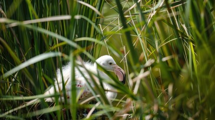 Obraz premium Young Bird Nestled Among Lush Green Grass and Vegetation in Nature