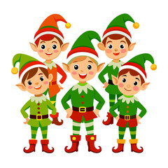 Christmas elf, santas helpers elves characters. Magic cute kids with gifts, xmas creatures for holiday workshop. New year nowaday vector clipart

