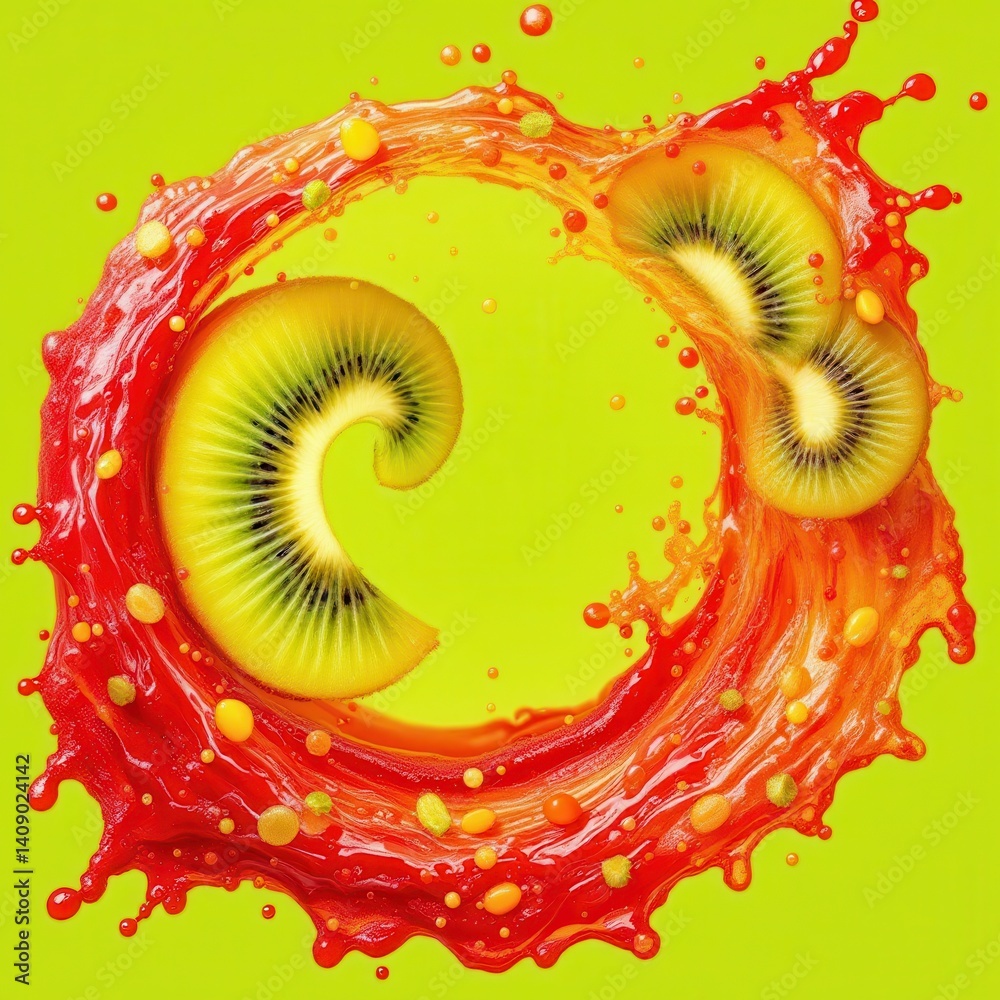 Poster A vibrant splash of fruit juice encircles slices of kiwi, creating a dynamic and colorful composition on a bright yellow background.