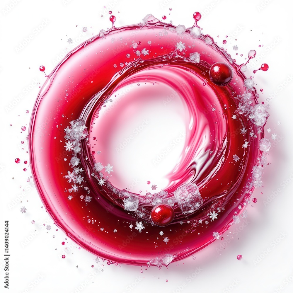 Poster a dynamic splash of vibrant red liquid, adorned with playful bubbles and snowflakes, forming a circu