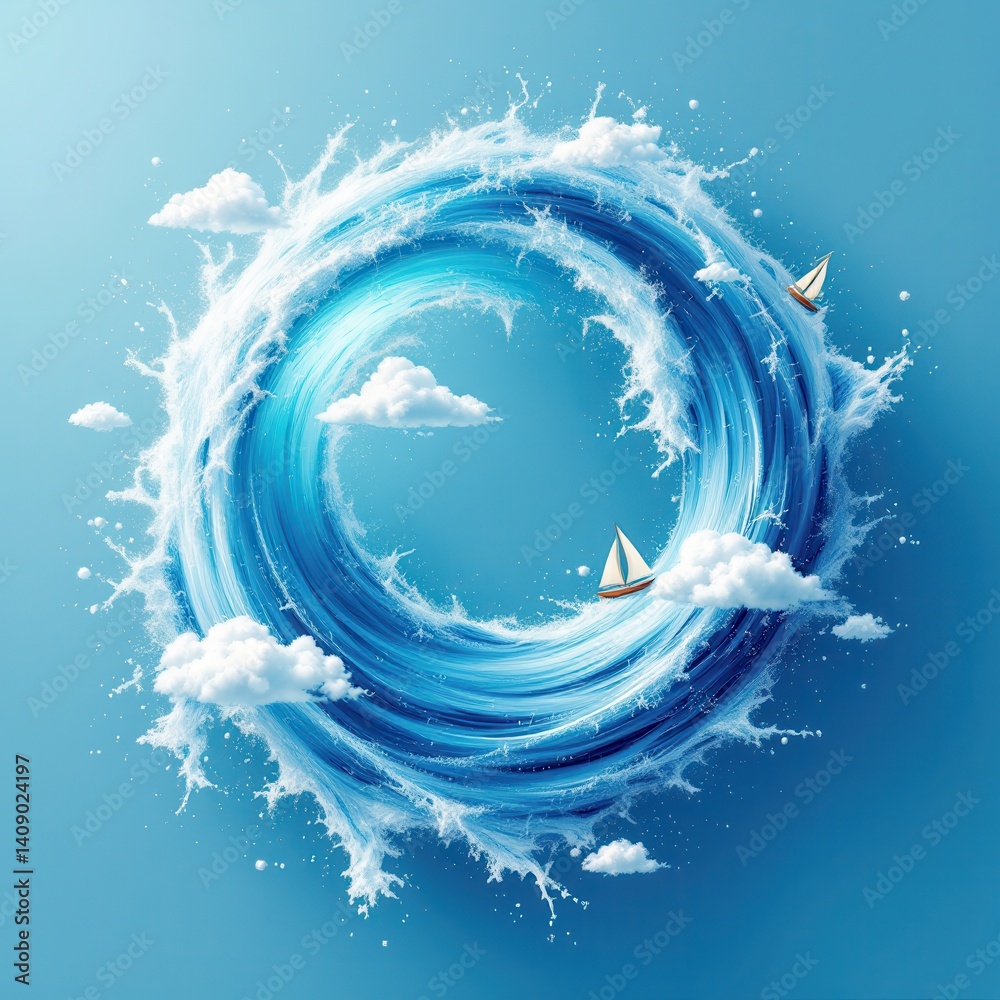 Poster a surreal circular wave design with boats and clouds on a vibrant blue background, evoking a sense o