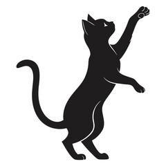 Silhouette of Black Cat Reaching Upwards with Paws Outstretched on White Background