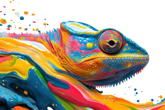 Lizard or chameleon face illustrated in abstract style with vivid detail on white isolated surface - Powered by Adobe