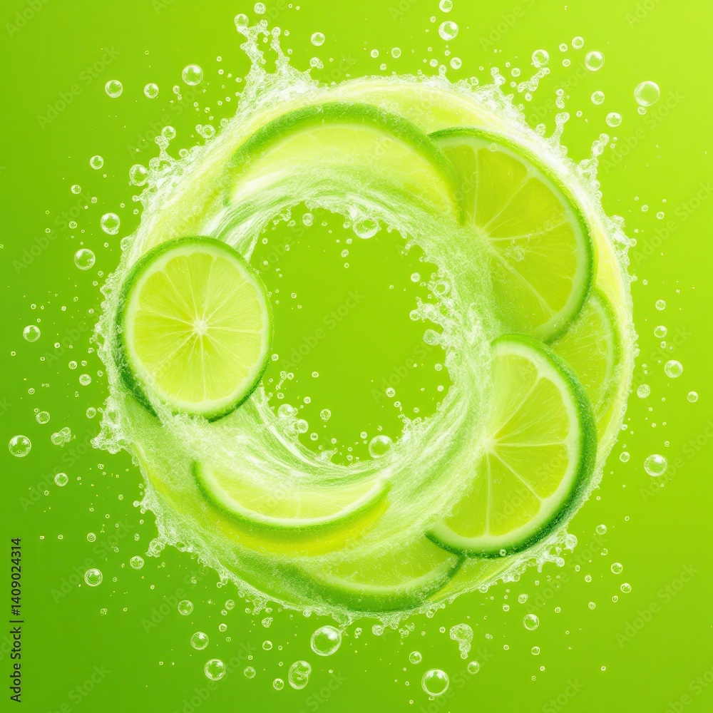 Poster a vibrant splash of lime slices surrounded by bubbles, set against a bright green background, evokin