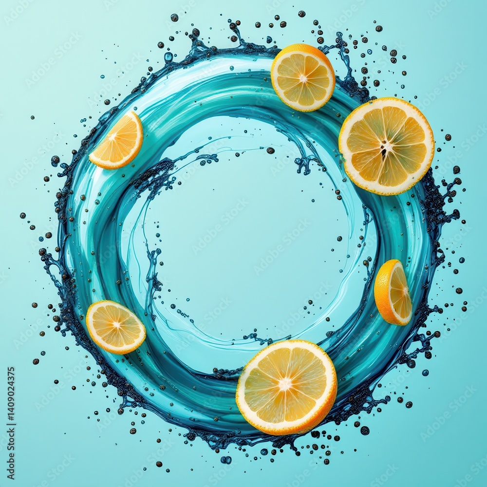 Poster A vibrant splash of water encircles fresh lemon slices, creating a refreshing and dynamic visual with a turquoise backdrop.