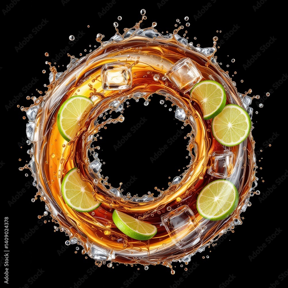 Poster A vibrant circular splash of iced tea with lime slices, creating a refreshing visual on a black background.
