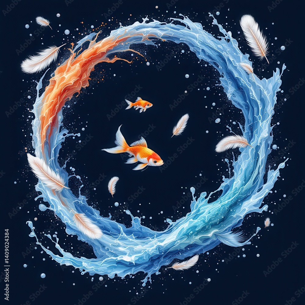 Poster an artistic depiction of goldfish swimming within a circular flow of vibrant water and feathers, ble
