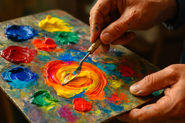Obraz premium A close-up of an artist's hands mixing vibrant paint colors on a wooden palette, showcasing creativity and artistic expression in a colorful atmosphere.
