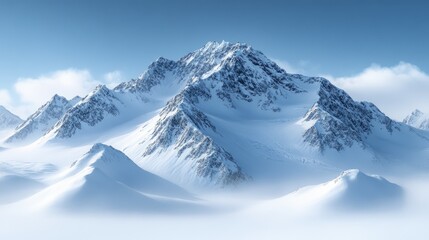 Obraz premium Majestic snow-covered mountain peaks rise above a serene landscape shrouded in mist and illuminated by soft lighting