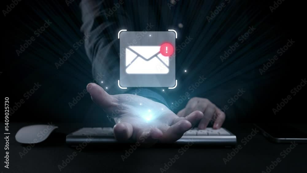 Poster business person checking email inbox, organizing and prioritizing messages for better productivity. 