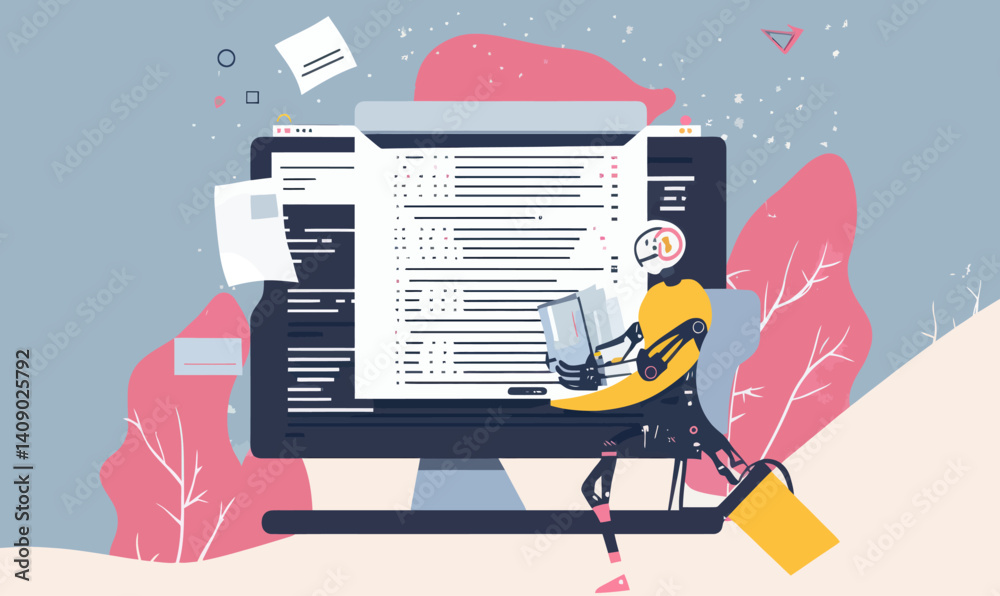 Poster ai-driven story creation concept with robot writing digital blog posts
