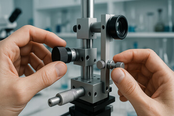 Close-up of hands adjusting a scientific instrument in a laboratory