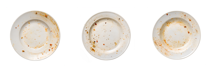 Three dirty white plates with leftovers scattered on white background overhead transparent background Generative AI