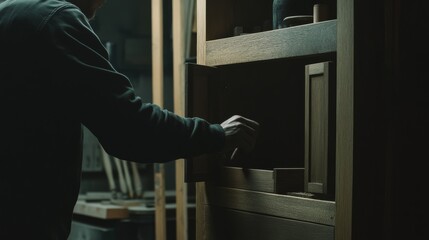 Carpenter assembling a wooden cabinet in a workshop. Featuring craftsmanship and detail