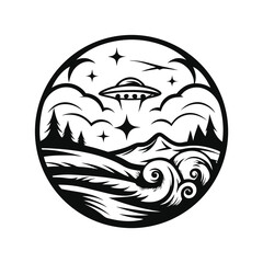 Black Silhouette Circle Design UFO, Mountains, Waves, Trees, & Stars Landscape