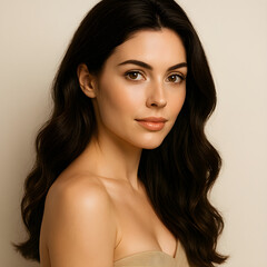Fototapeta premium Beauty portrait showing brunette model with flowing wavy locks, smooth complexion, highlighting healthy hair and skincare appearance