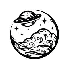 Stylized UFO over clouds and stars monochrome design. Round black shape design