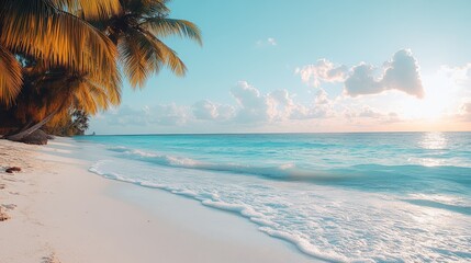 Serene tropical beach at sunset with gentle ocean waves, golden sun setting on the horizon, and lush greenery lining the shore