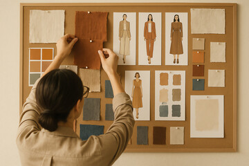 A person curates a mood board with fabric swatches and fashion sketches, showcasing creativity and design process in the fashion industry