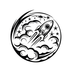 Black and White Rocket Launching Through Clouds with UFO in Circular Design