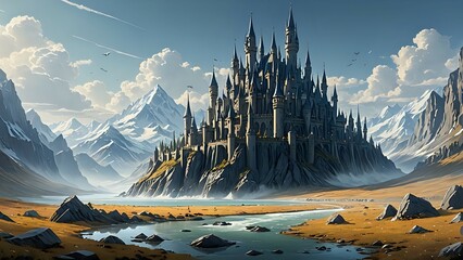 Majestic Castle on Hillside Overlooking Mountain Landscape with River View