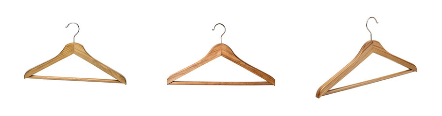 Three natural wood clothing hangers against a stark white background presentation transparent background Generative AI