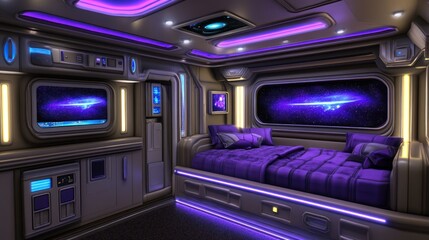 Obraz premium A futuristic bedroom interior with a purple color theme and space views