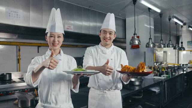 A chef holding a perfectly plated dish, with the main ingredient prominently displayed in the center. . A perfect footage for restaurant menus or food blogs, showing a delicious plate