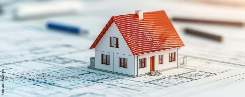Aufkleber building house on blueprint under plan and architecture concept. a model house on architectural plan