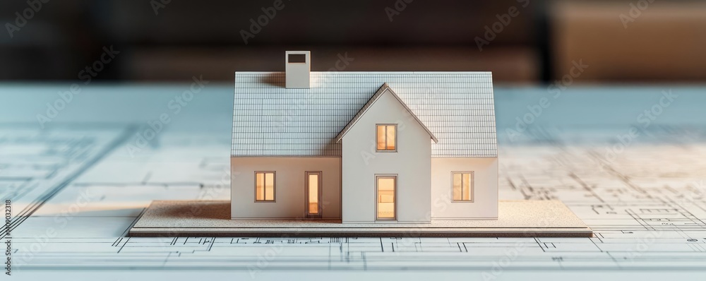 Poster building house on blueprint under plan and architecture concept. stylish model home on blueprints, s