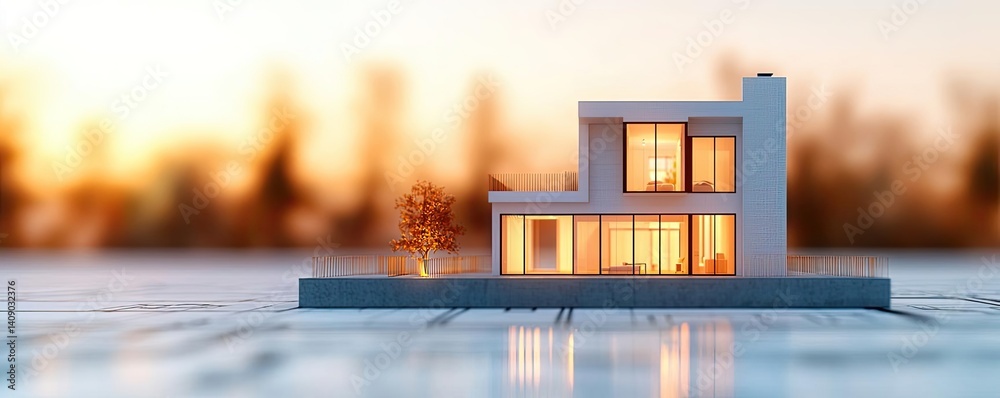 Poster Building house on blueprint with a focus on architecture and vignetting concept. A modern miniature house model showcasing contemporary design details.