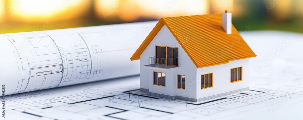Poster building house on blueprint under plan and architecture concept. a model house on blueprints, repres