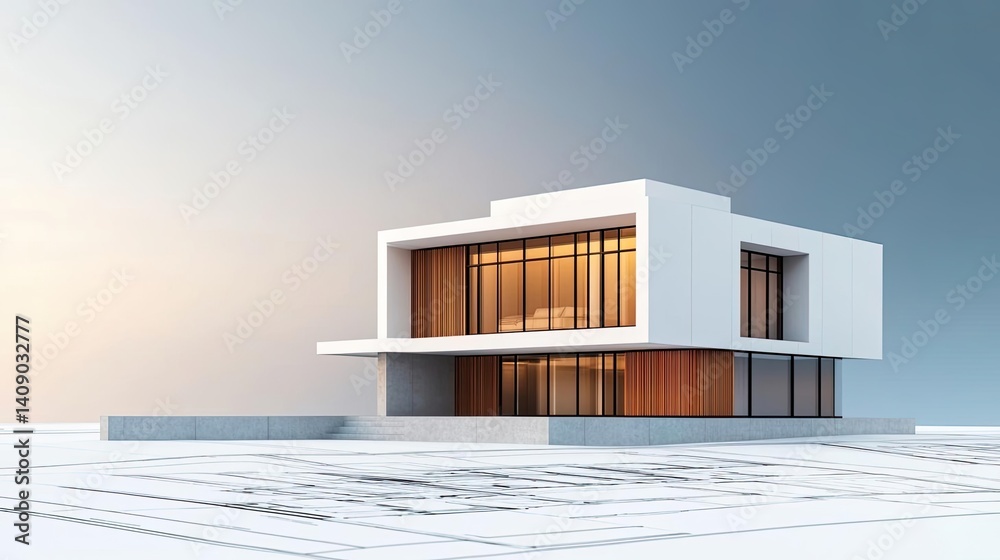 Aufkleber Building house on blueprint with a focus on architecture and vignetting concept. Modern architectural design showcasing sleek lines and materials.