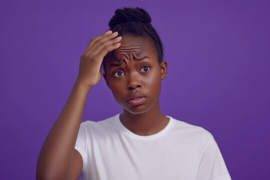 Young african woman expressing surprise with oops gesture against a purple background, A young african woman in a t-shirt showing oops gesture and wrinkling forehead in a purple studio