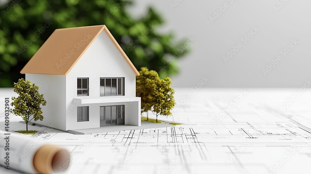 Aufkleber Building house on blueprint with a focus on architecture and vignetting concept. A scale model of a house on architectural blueprints.