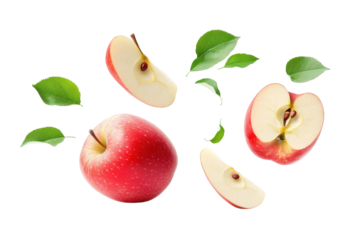 Fresh apples with sliced halves appearing to float or fall against a white isolated background