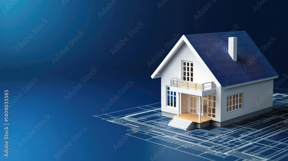 Poster Building house on blueprint with a focus on architecture and vignetting concept. Modern house design model on a blueprint background.