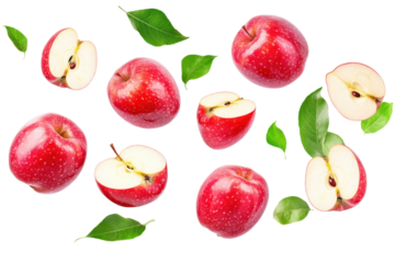 Floating apples and slices showing natural freshness and movement on a clean white background
