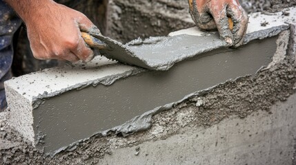 Obraz premium Bricklayer positioning bricks with precision at a residential build. Featuring craftsmanship and dedication