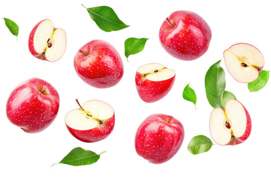 Floating apples and slices showing natural freshness and movement on a clean white background - Powered by Adobe