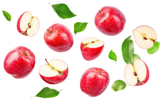 Floating apples and slices showing natural freshness and movement on a clean white background